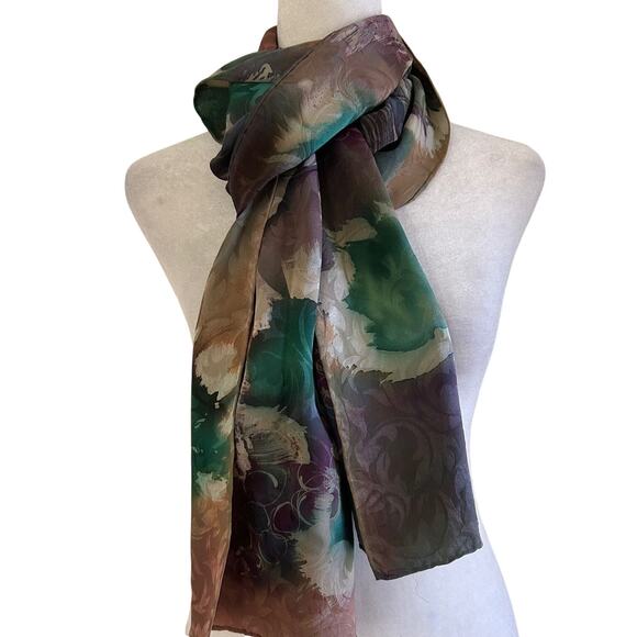 Abstract Watercolor Silk Scarf Vintage Sheer Jewel Tone Painterly Classic Artsy - Picture 3 of 8